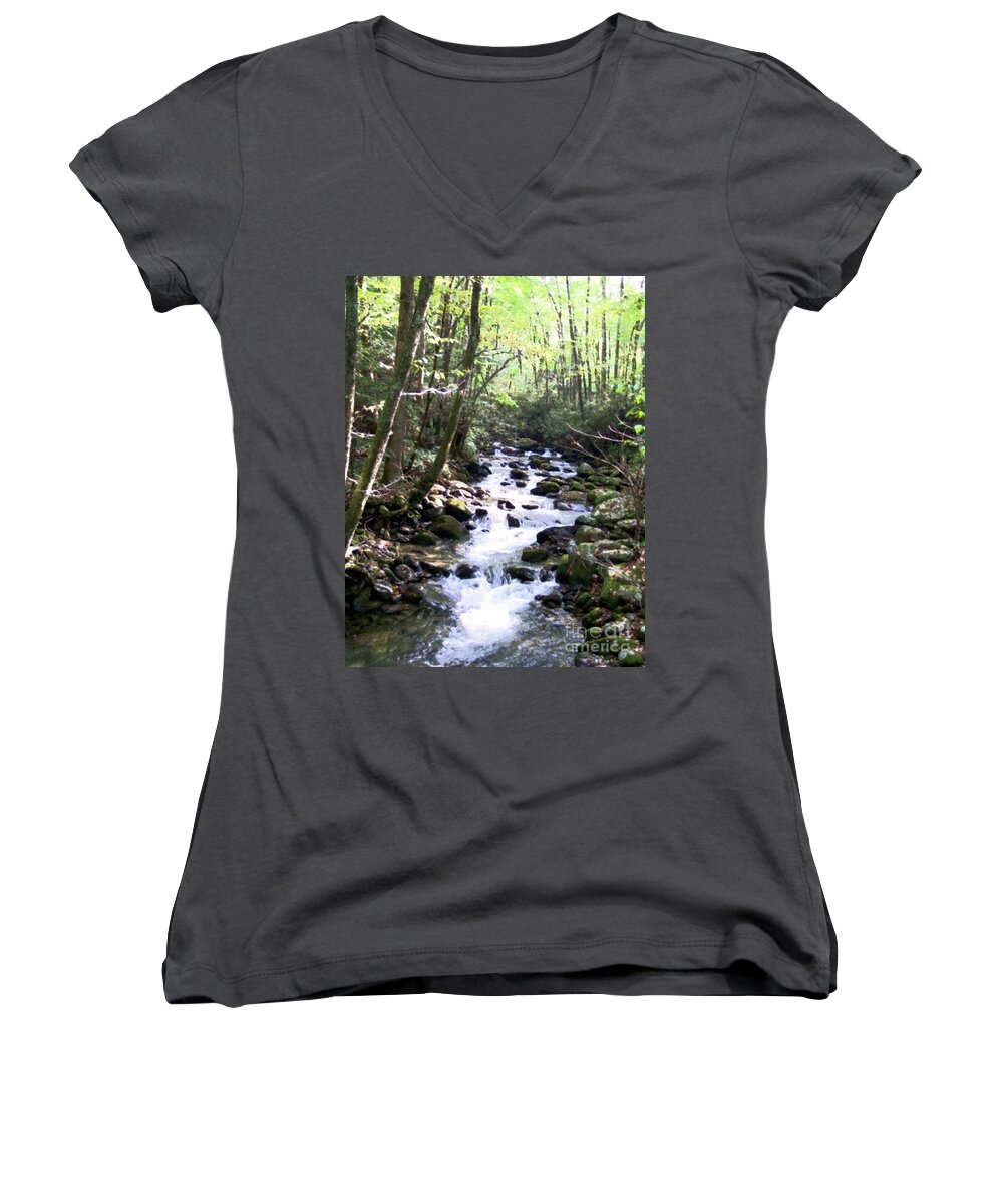 Wooded Stream Women's V-Neck featuring the mixed media Rocky Stream 6 by Desiree Paquette