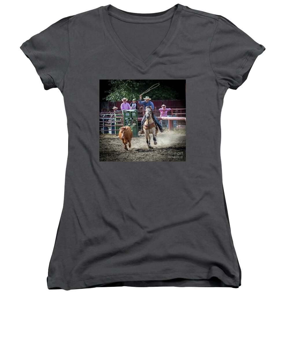 Rodeo Women's V-Neck featuring the photograph Cowboy In Action#1 by Sal Ahmed