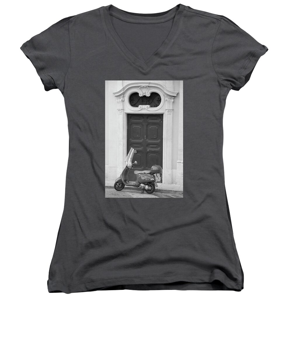Canon Women's V-Neck featuring the photograph Roma Vespa and Door by John McGraw