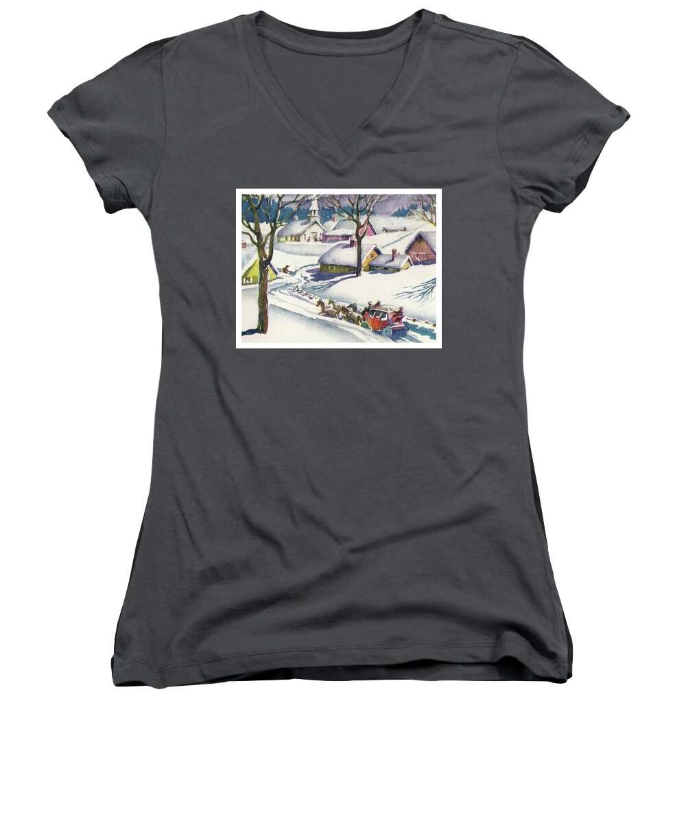 Romantic Women's V-Neck featuring the mixed media Romantic winter ride in carriage by Long Shot