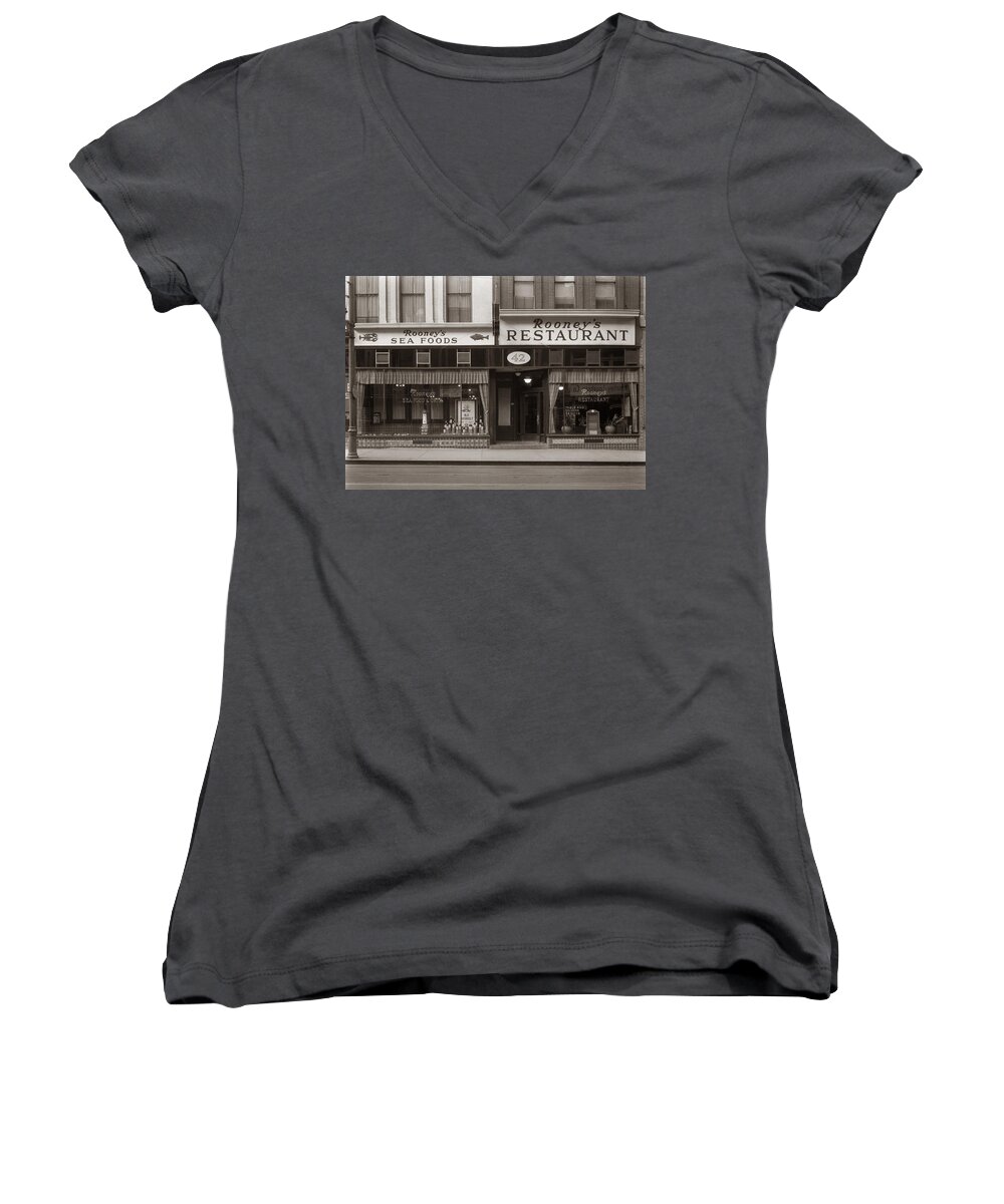 Wilkes Barre Women's V-Neck featuring the photograph Rooney's Restaurant Wilkes Barre PA 1940s by Arthur Miller
