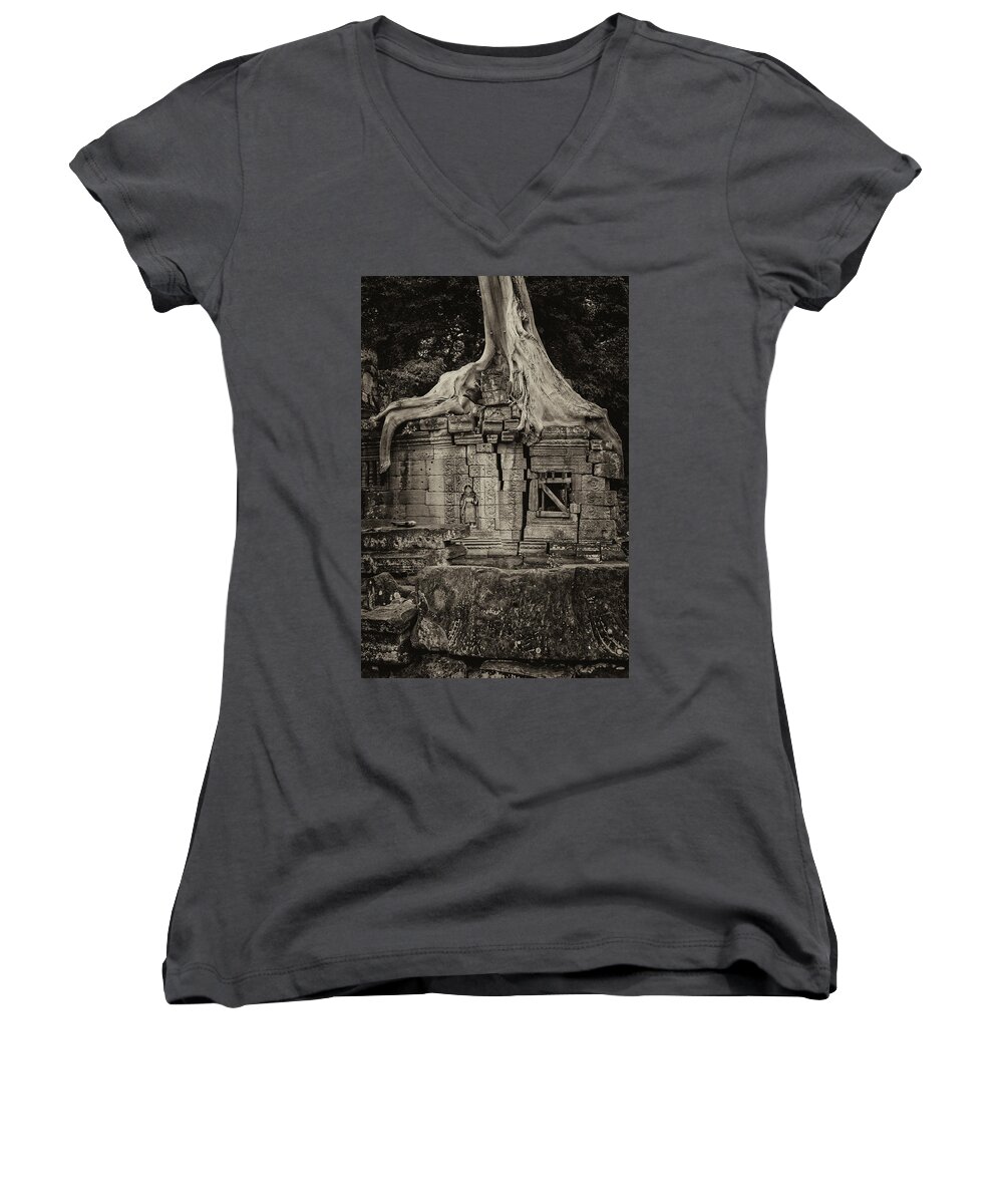Angkor Women's V-Neck featuring the photograph Roots In Ruins 5, Ta Prohm, 2014 by Hitendra SINKAR