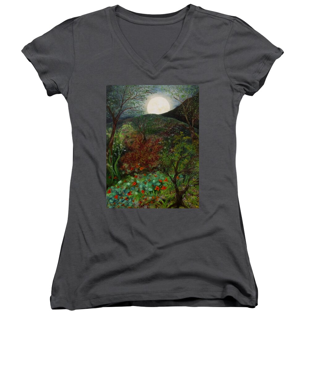 Forest Women's V-Neck featuring the painting Rose Moon by FT McKinstry