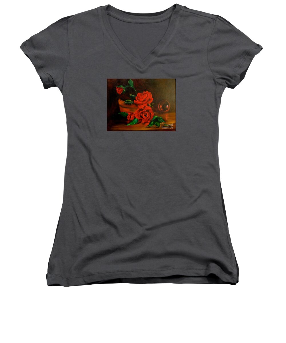  Red Roses Women's V-Neck featuring the painting Roses are Red by Jenny Lee