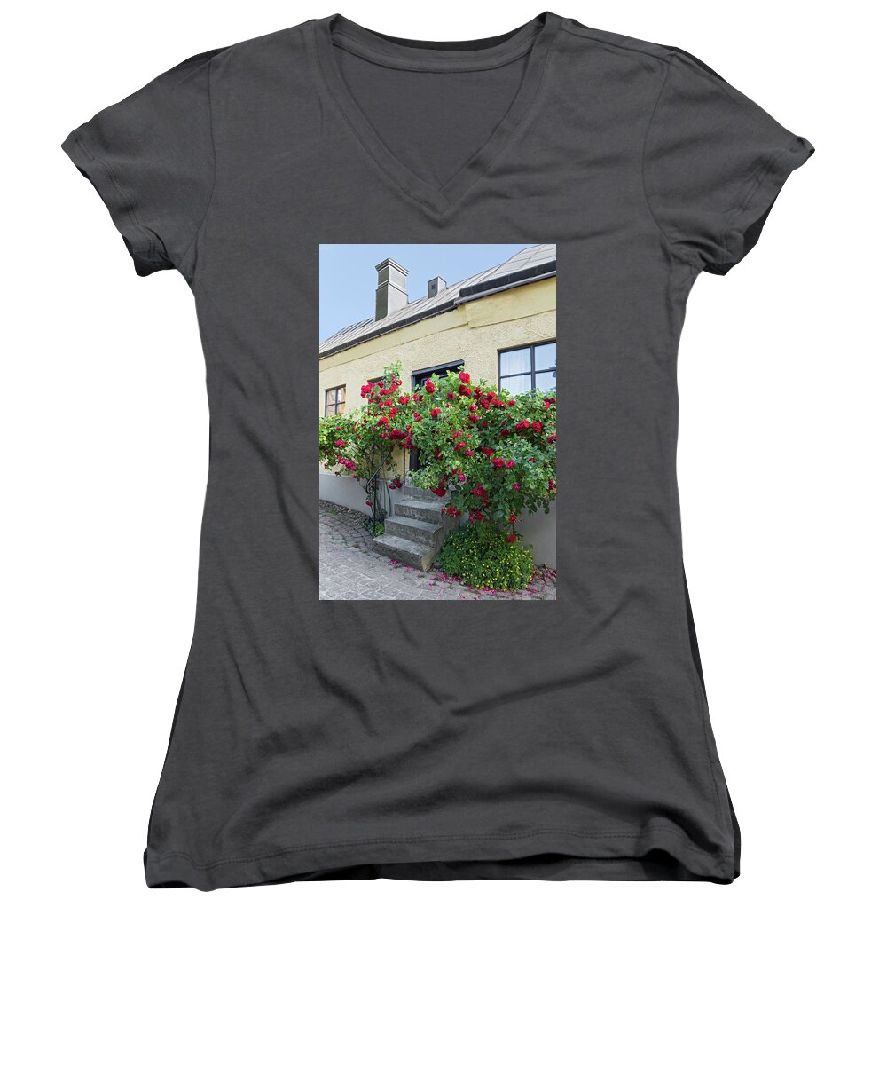 Roses Women's V-Neck featuring the photograph Roses growing near the house in a Swedish town Visby by GoodMood Art