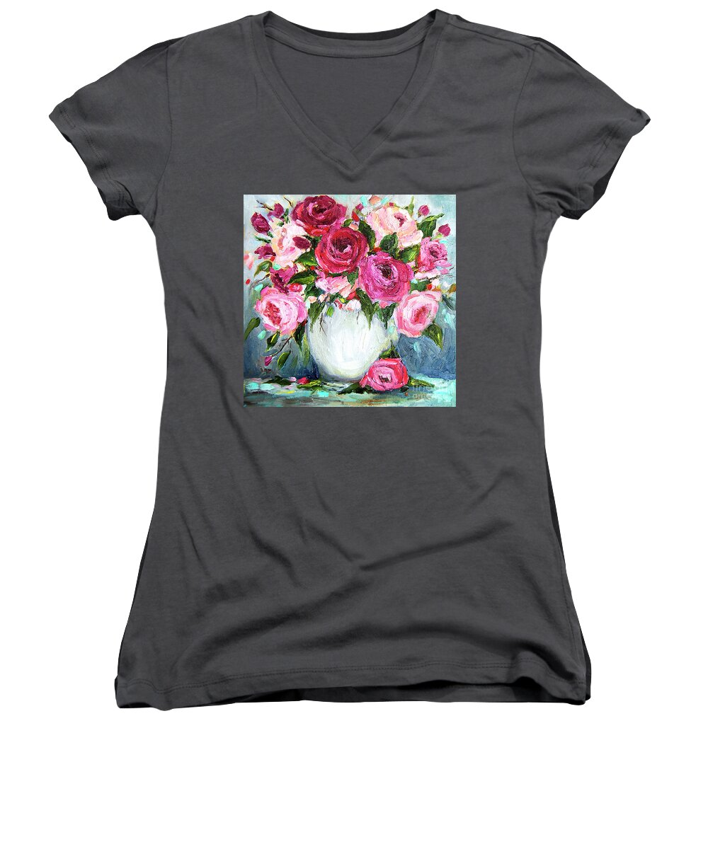  Women's V-Neck featuring the painting Roses in Vase by Jennifer Beaudet