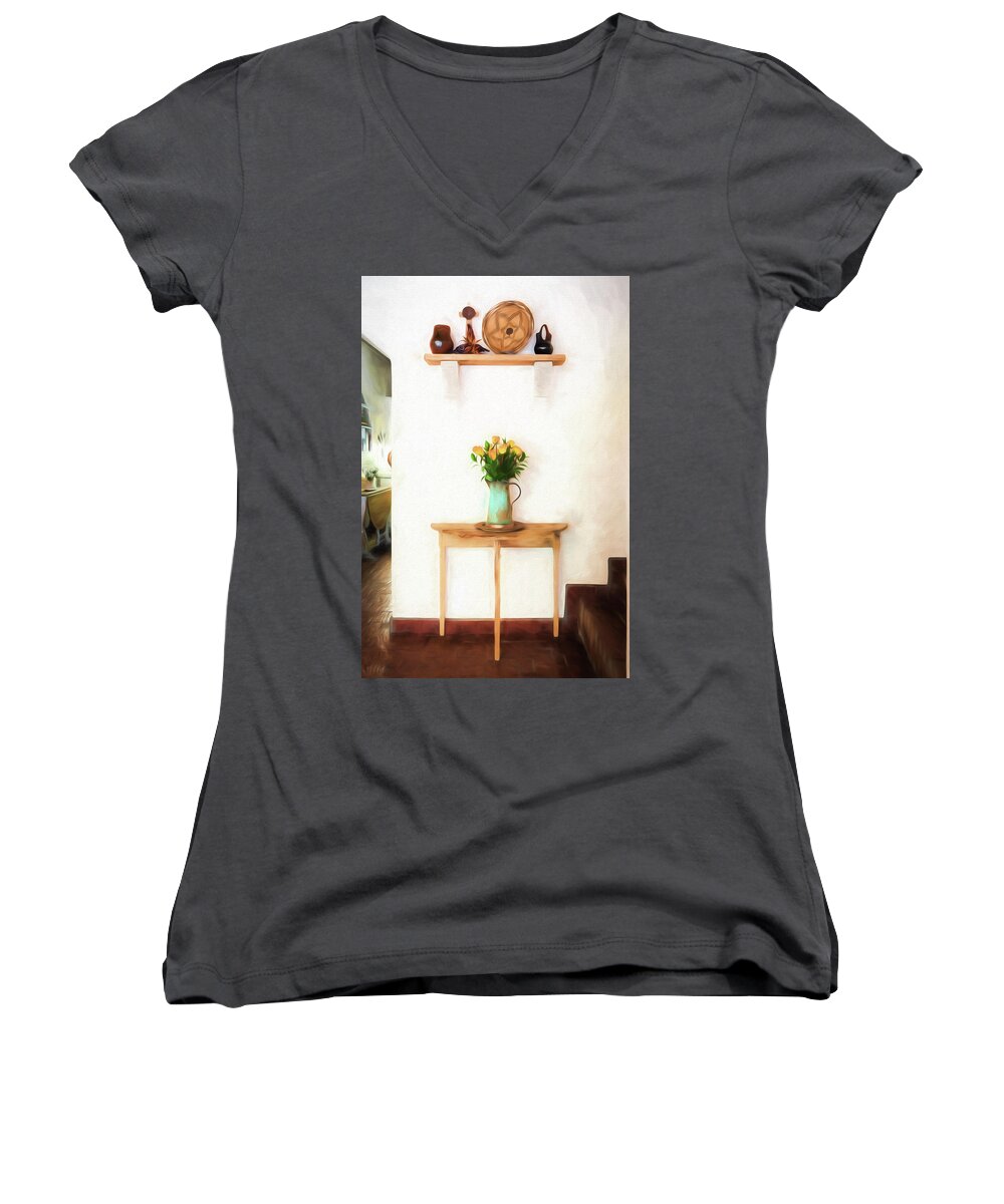© 2017 Lou Novick All Rights Reserved Women's V-Neck featuring the digital art Rose's on table by Lou Novick