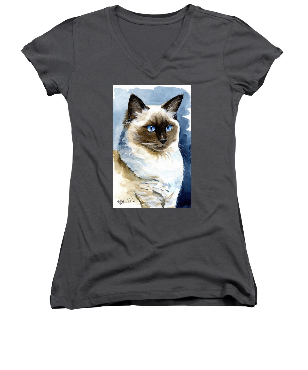 Cat Women's V-Neck featuring the painting Roxy - Ragdoll Cat Portrait by Dora Hathazi Mendes