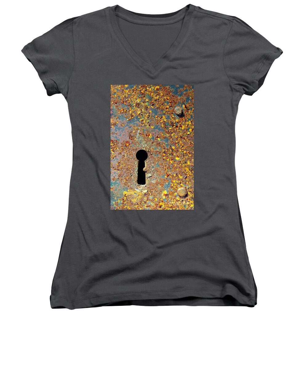 Abandoned Women's V-Neck featuring the photograph Rusty key-hole by Carlos Caetano