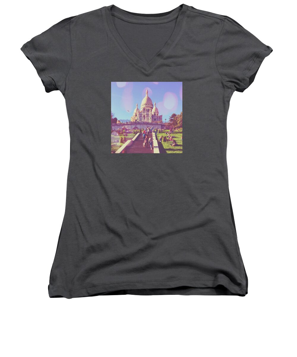 Sacre Coeur Women's V-Neck featuring the photograph Sacre-Coeur in Summer by Aurella FollowMyFrench