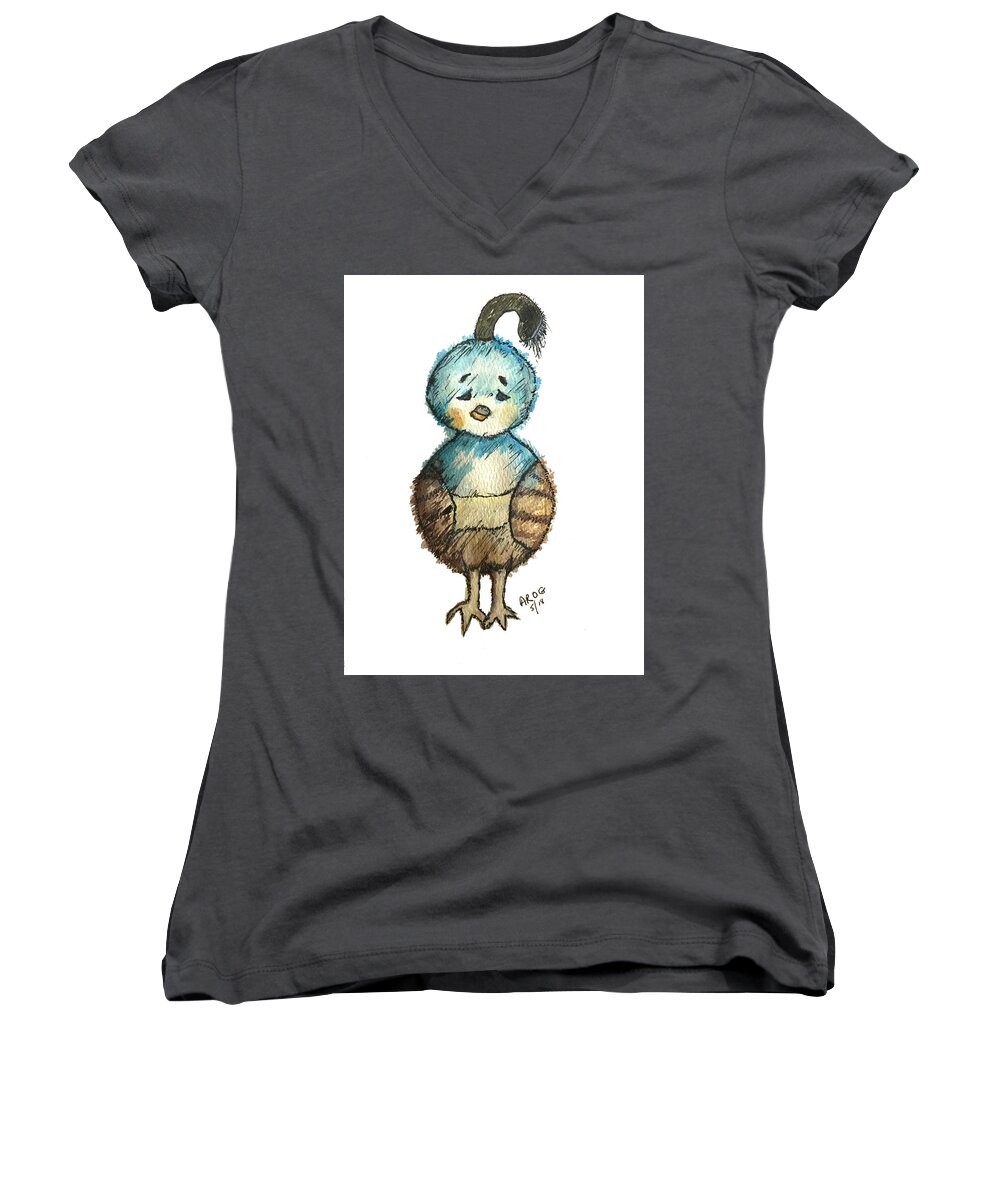 Quail Women's V-Neck featuring the painting Baby Quail by AHONU Aingeal Rose