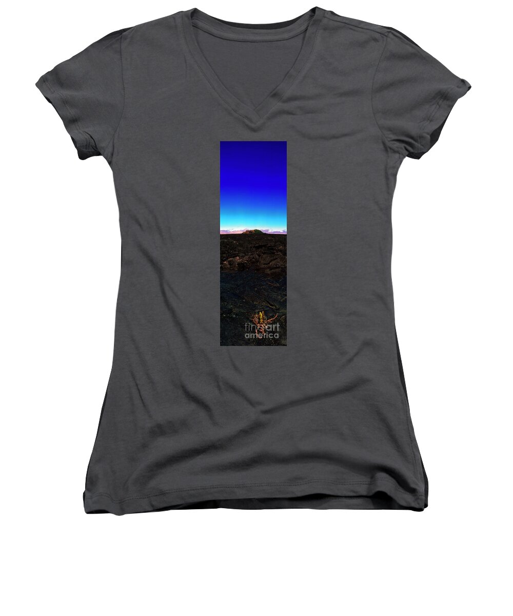 Saddle Road Women's V-Neck featuring the photograph Saddle Road Humuula Lava field big island Hawaii by Tom Jelen