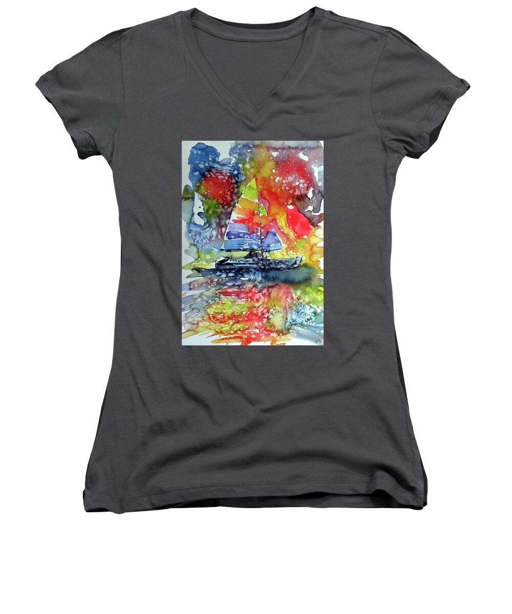 Sailboat Women's V-Neck featuring the painting Sailboat at sunset II by Kovacs Anna Brigitta
