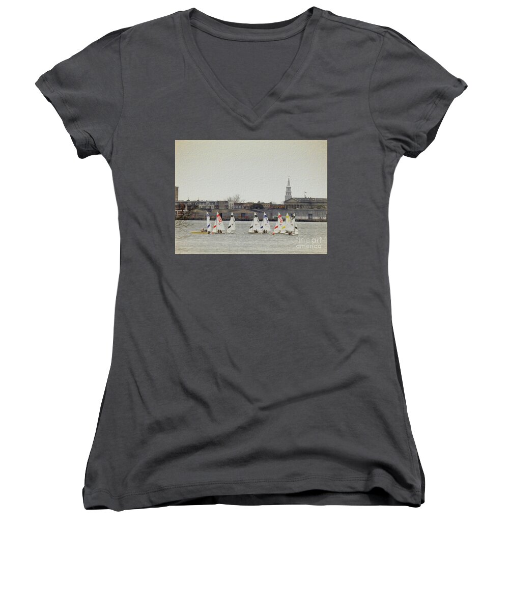 Sailing-competition Women's V-Neck featuring the photograph Sailing on Charleston Harbor by Scott Cameron