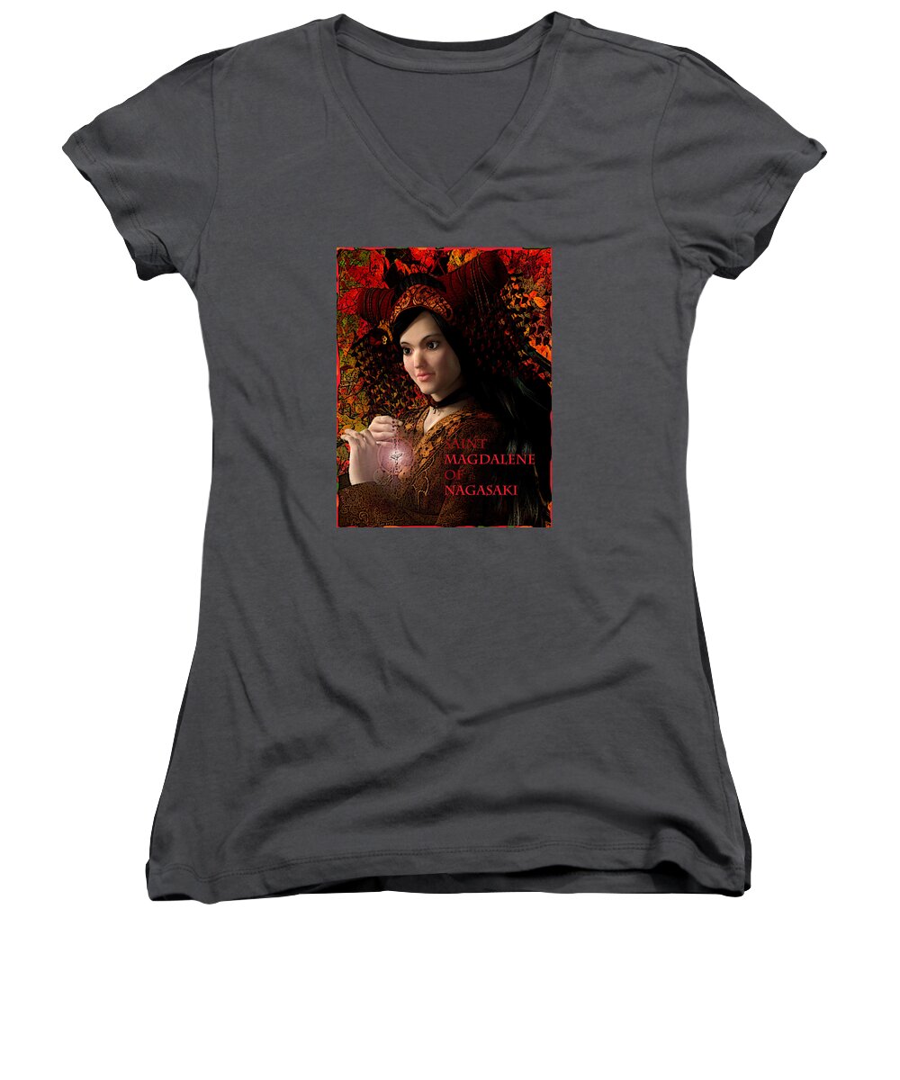Saint Magdalene Of Nagasaki Women's V-Neck featuring the painting Saint Magdalene of Japan by Suzanne Silvir
