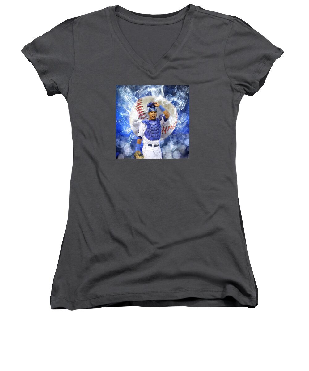 Salvie Women's V-Neck featuring the painting Salvy the MVP by Colleen Taylor