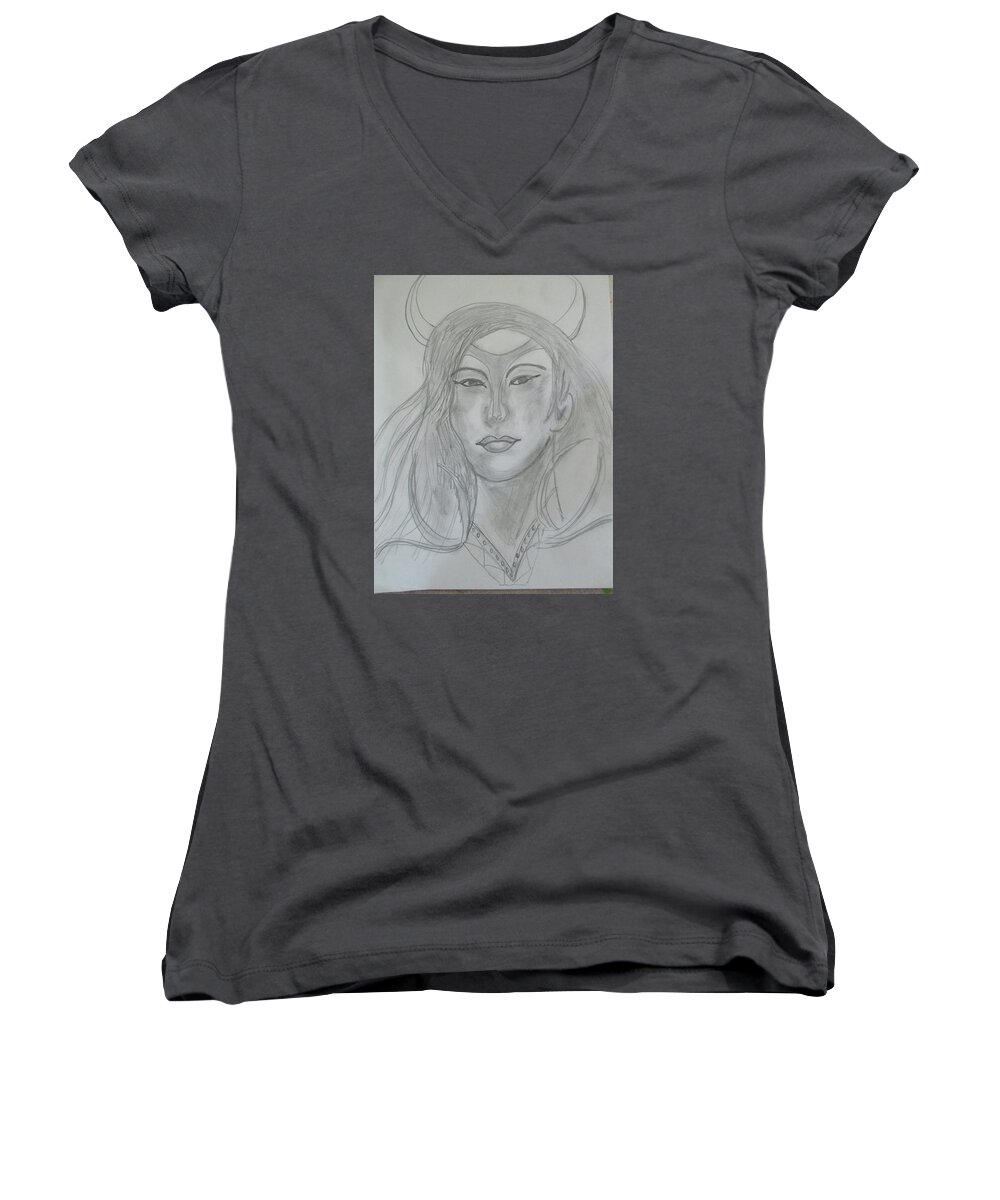 Abstract Warrior Woman Fighter Strong Brave Courageous Tribes Loyal Women's V-Neck featuring the drawing Samarai Warrior Woman by Sharyn Winters