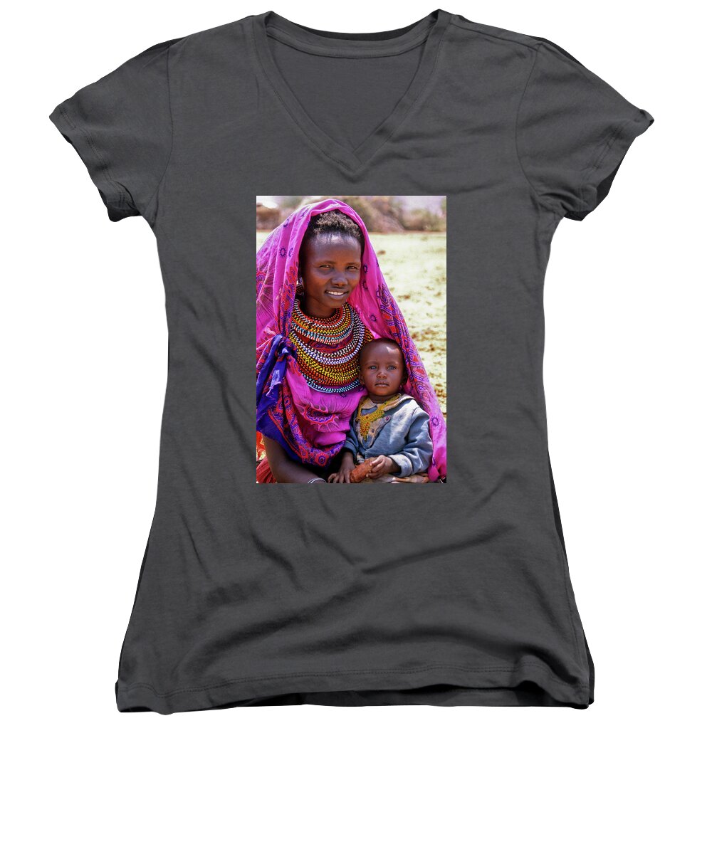 Africa Women's V-Neck featuring the photograph Samburu Madonna by Michele Burgess