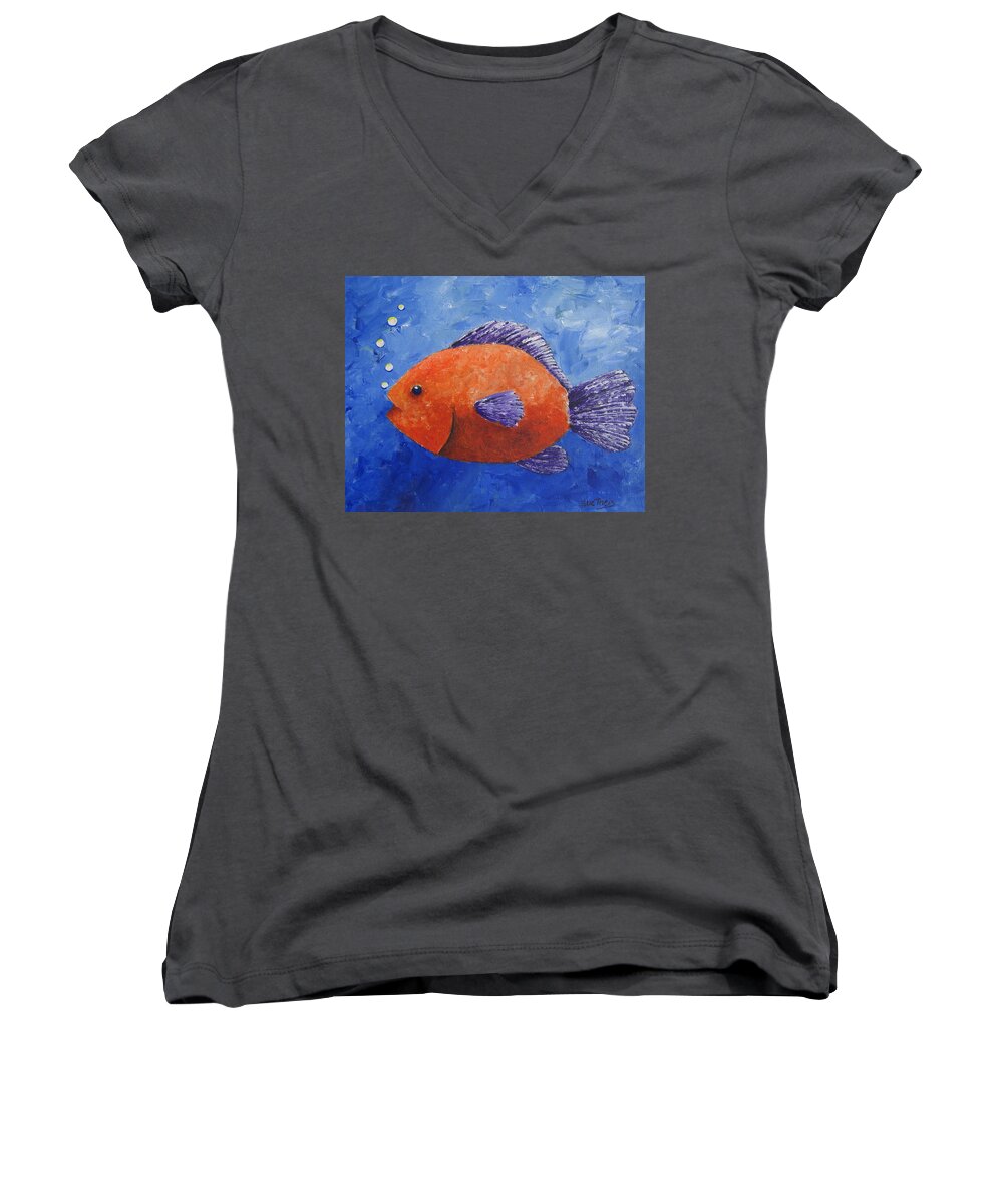 Fish Women's V-Neck featuring the painting Sammy by Suzanne Theis