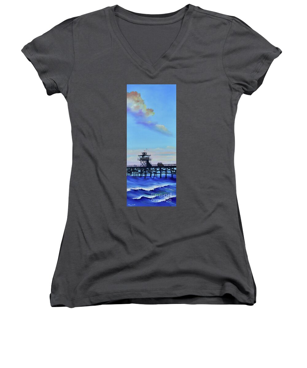 San Clemente Women's V-Neck featuring the painting San Clemente High Surf by Mary Scott