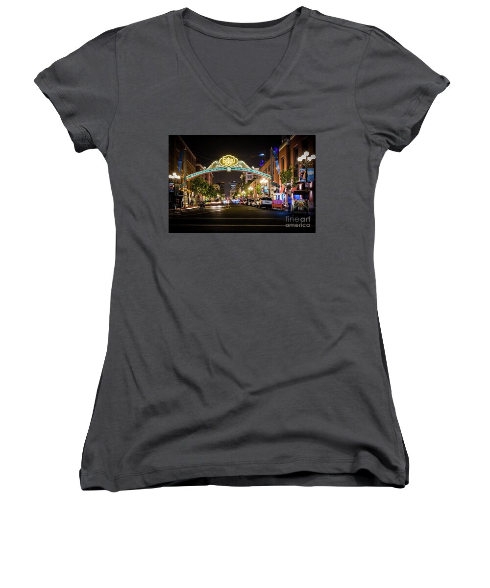 Gaslamp Quarter Women's V-Neck featuring the photograph San Diego Gaslamp Quarter at Night by David Levin