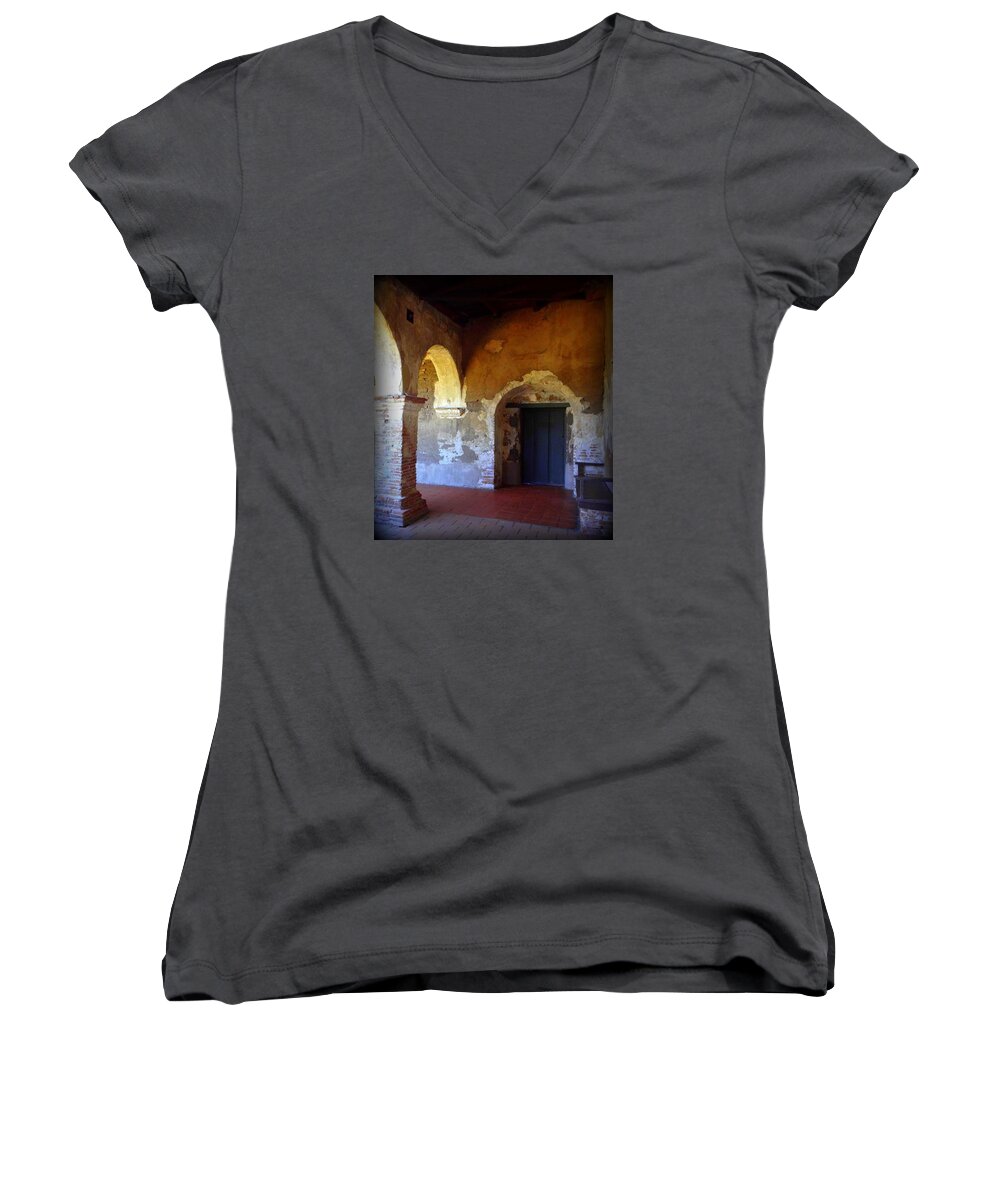 Mission Women's V-Neck featuring the photograph San Juan Capistrano Mission by Donna Spadola