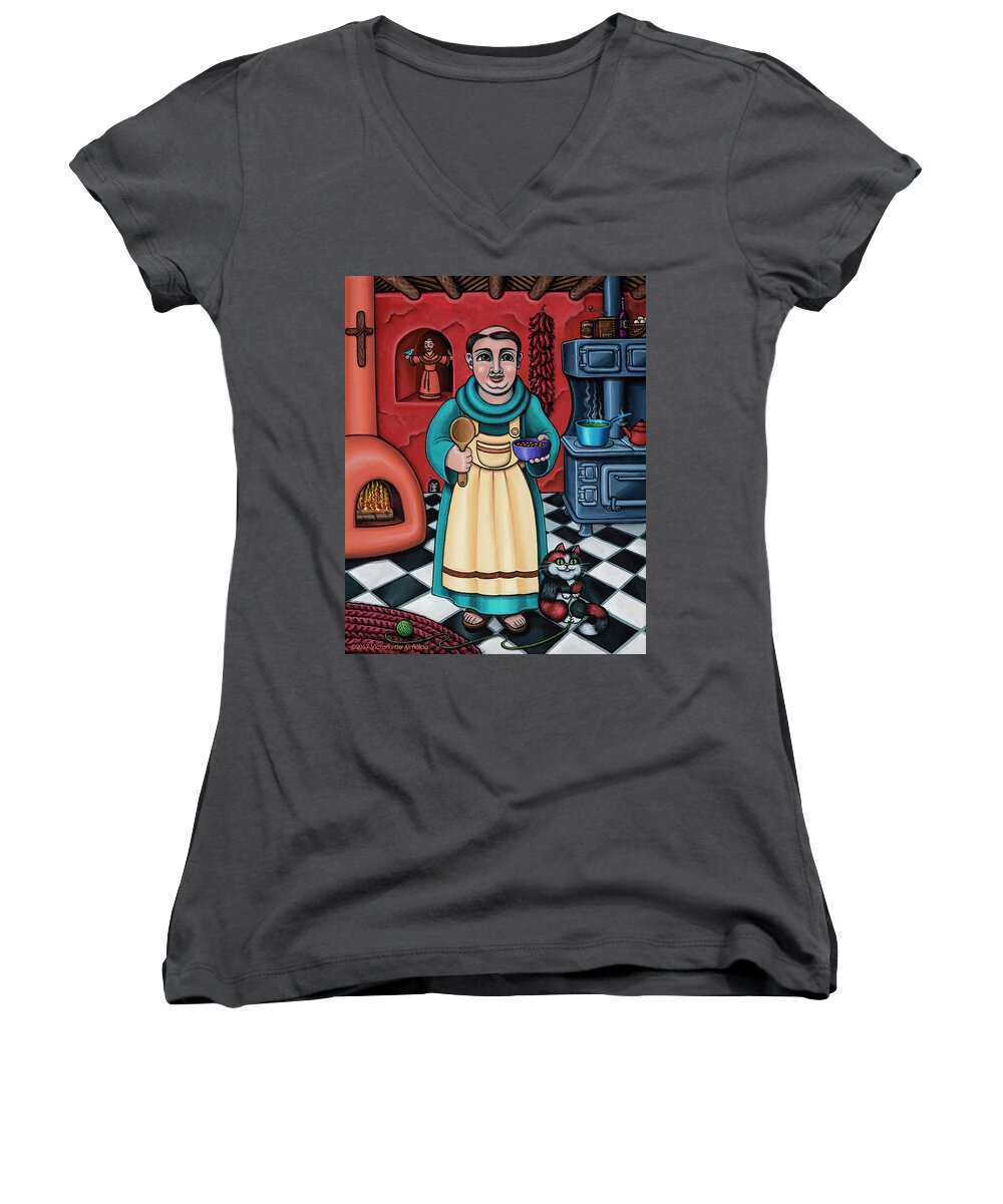 San Pascual Women's V-Neck featuring the painting San Pascual Paschal by Victoria De Almeida