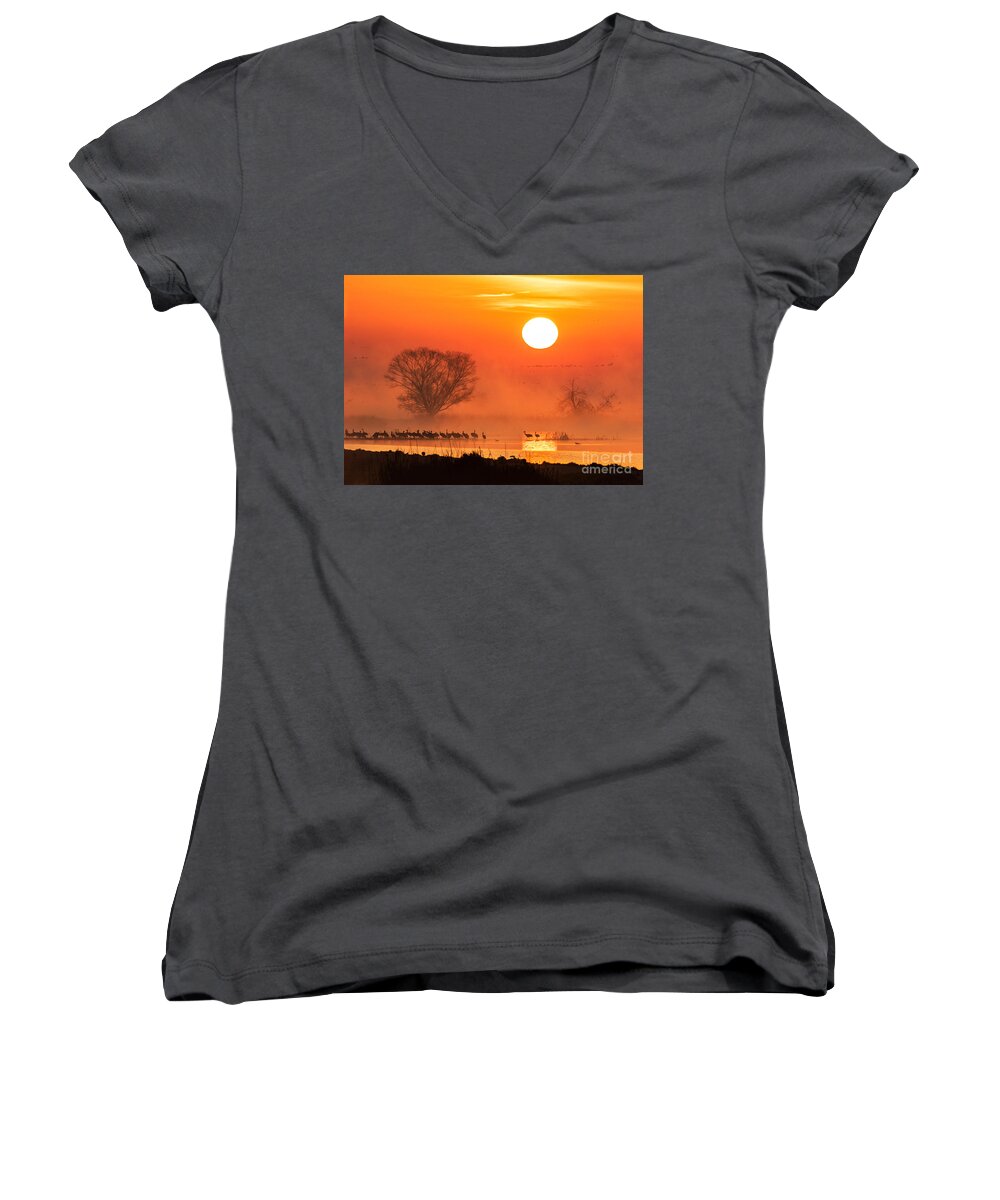 Sunrise Women's V-Neck featuring the photograph Sandhill Cranes In The Misty Sunrise by Mimi Ditchie