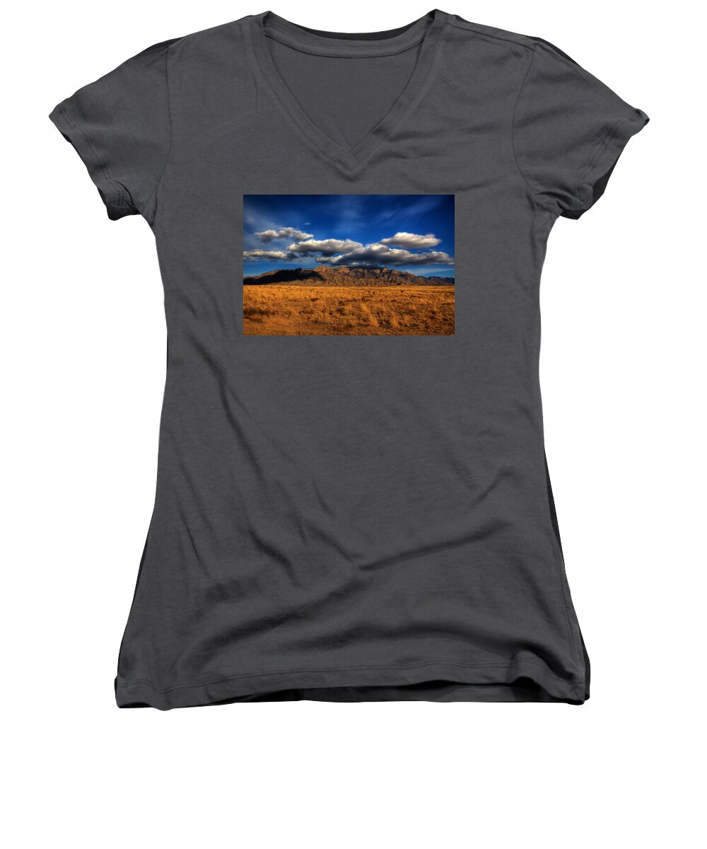 Desert Women's V-Neck featuring the photograph Sandia Crest in Late Afternoon Light by Alan Vance Ley