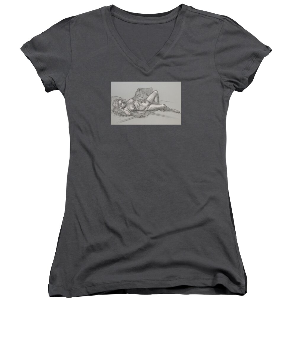 Realism Women's V-Neck featuring the drawing Sandra Sleepimg by Donelli DiMaria