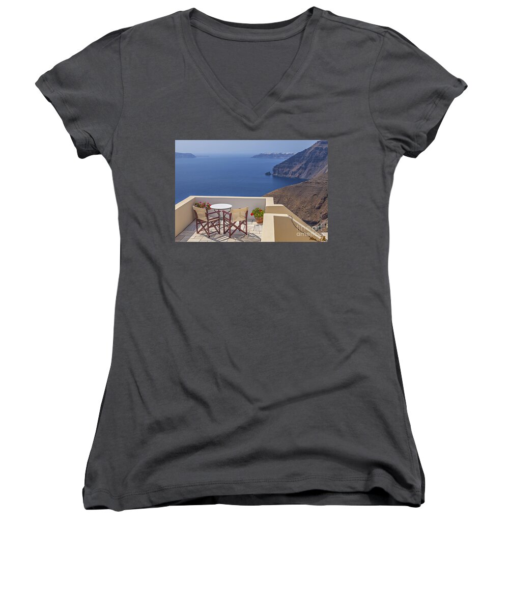 Santorini Women's V-Neck featuring the photograph Santorini sun terrace by Sophie McAulay