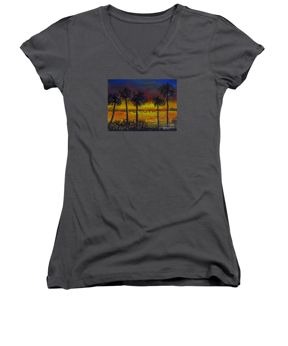Sarasota Bayfront Sunset Women's V-Neck featuring the painting Sarasota Bayfront Sunset by Lou Ann Bagnall