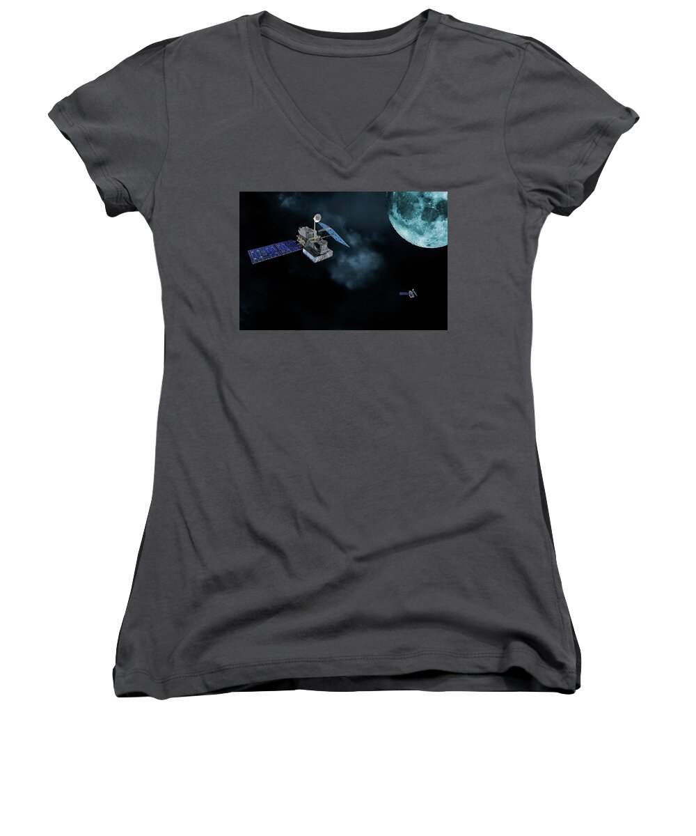 Satellites Women's V-Neck featuring the photograph Satellites in orbit around the moon by Christian Lagereek