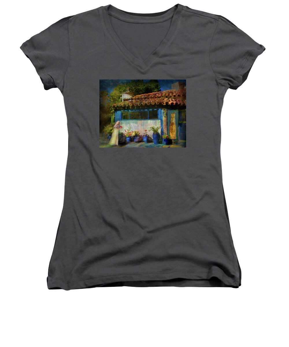 Girl Women's V-Neck featuring the photograph Saylor and the Cat by Sandra Schiffner