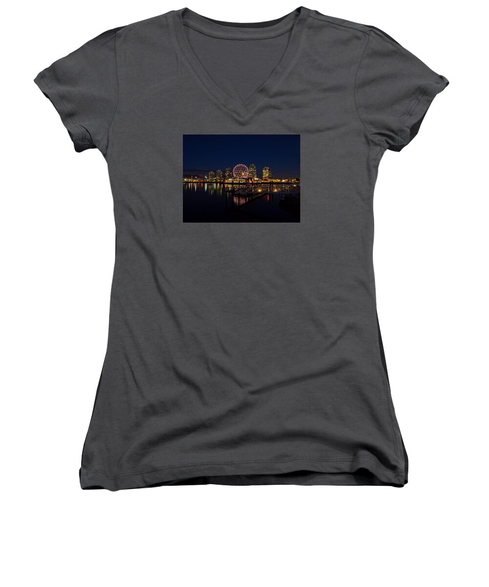 Science World Women's V-Neck featuring the photograph Science World Nocturnal by Gary Karlsen