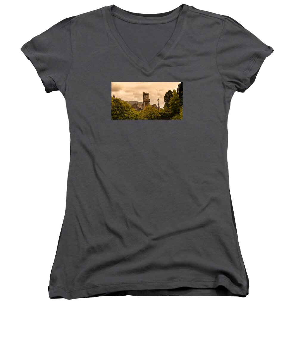 Castle Women's V-Neck featuring the photograph Scottish Abbey by Kathleen McGinley