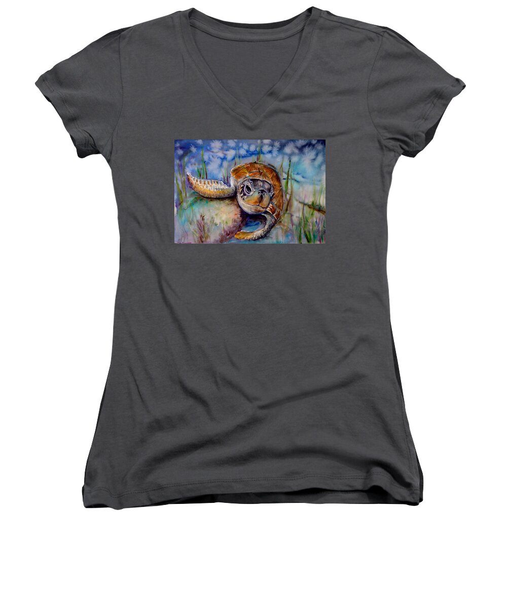 Sea Turtle Women's V-Neck featuring the painting Sea turtle 4 by Katerina Kovatcheva