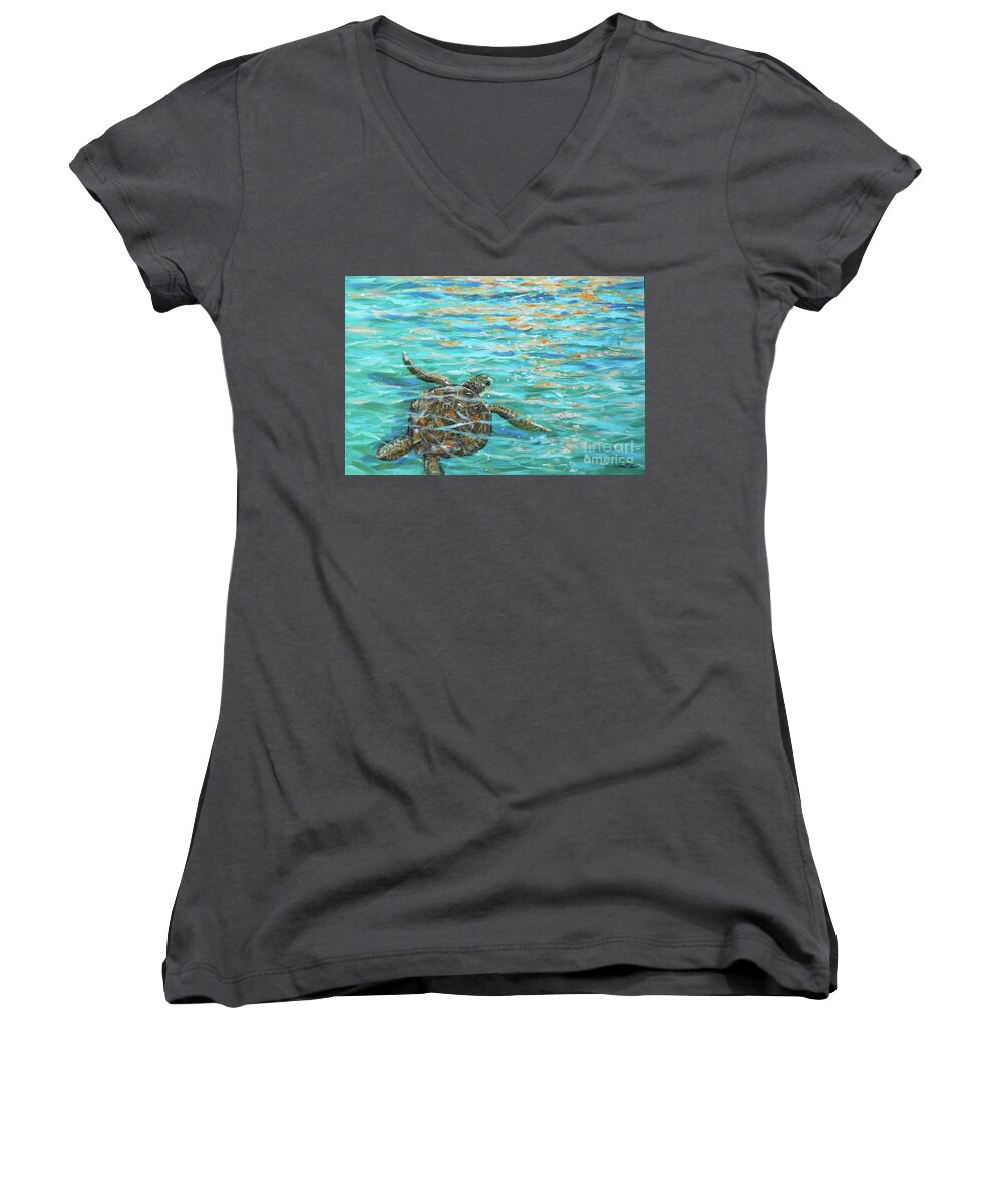 Beach Women's V-Neck featuring the painting Sea Turtle Dream by Linda Olsen