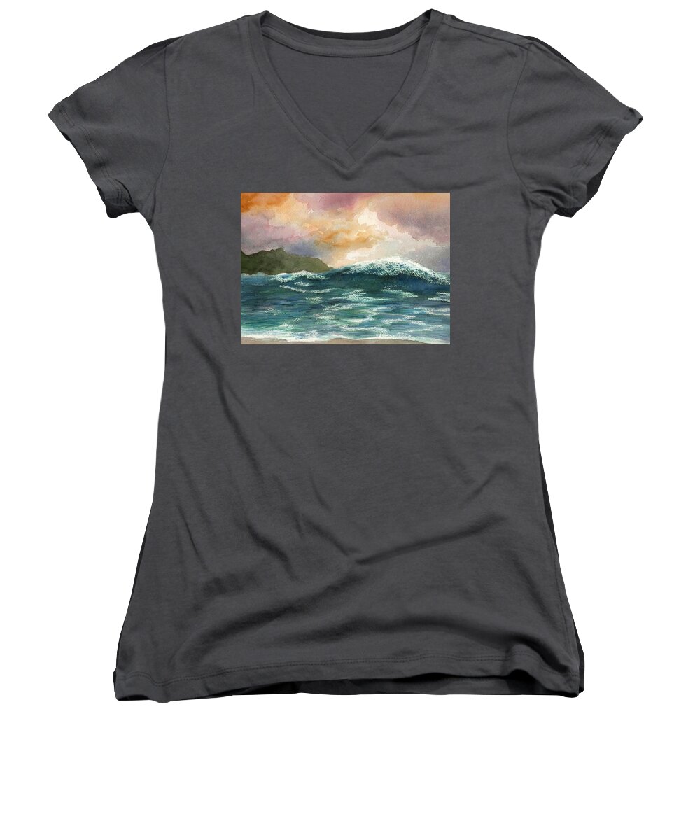 Sea Women's V-Neck featuring the painting Sea View 264 by Lucie Dumas