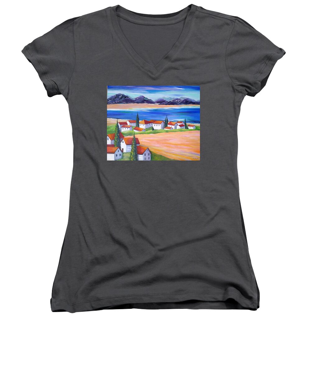 Landscape Women's V-Neck featuring the painting Seaside Village by Rosie Sherman