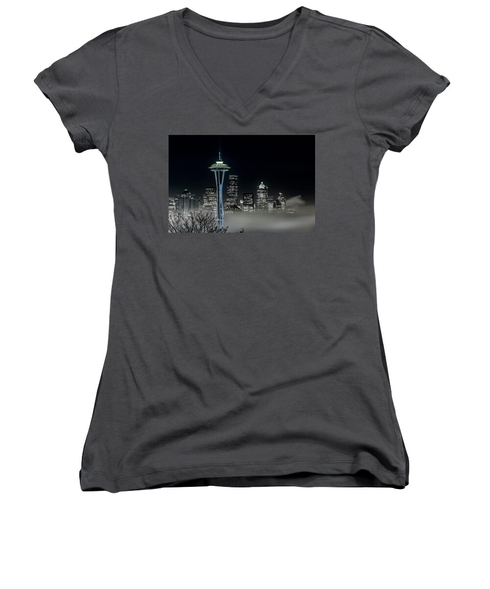 Seattle Women's V-Neck featuring the photograph Seattle Foggy Night Lights in BW by Ken Stanback