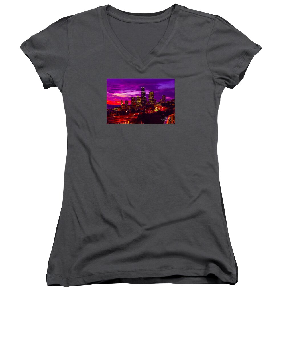 Seattle Women's V-Neck featuring the photograph Seattle Shades Of Purple by Louise Magno