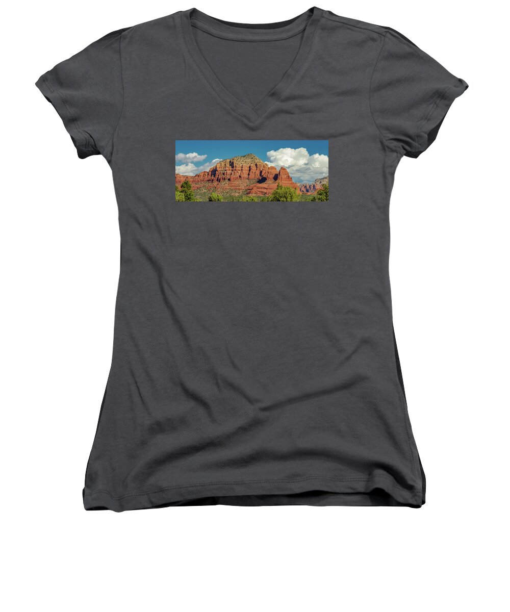 Red Women's V-Neck featuring the photograph Sedona, Rocks And Clouds by Bill Gallagher