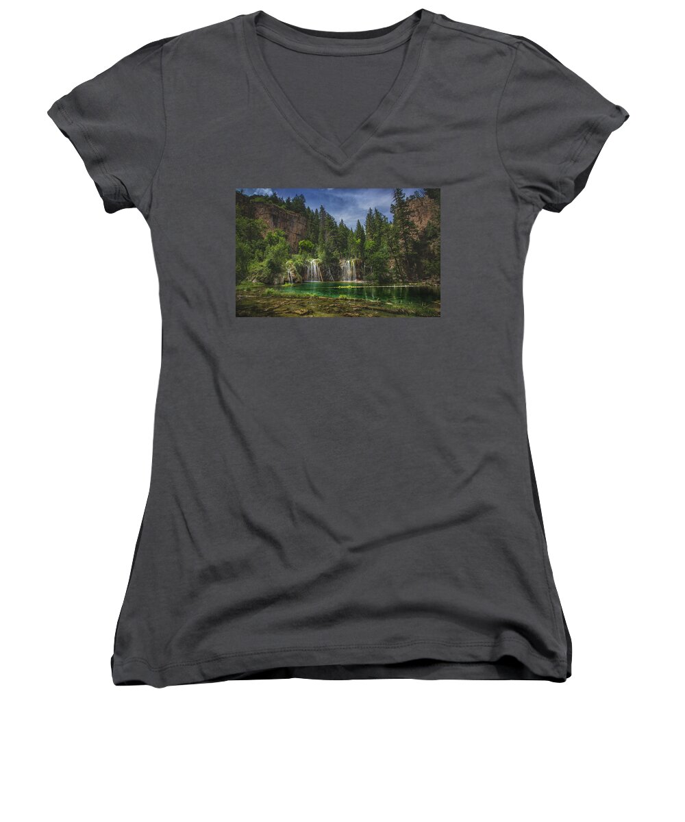 Beauty In Nature Women's V-Neck featuring the photograph Serene Hanging Lake Waterfalls by Andy Konieczny