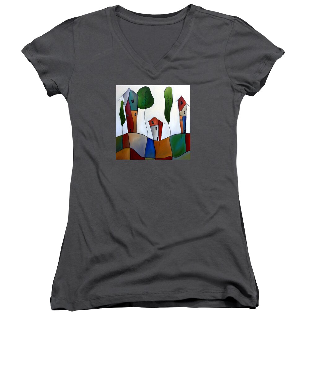 Fidostudio Women's V-Neck featuring the painting Settling Down by Tom Fedro
