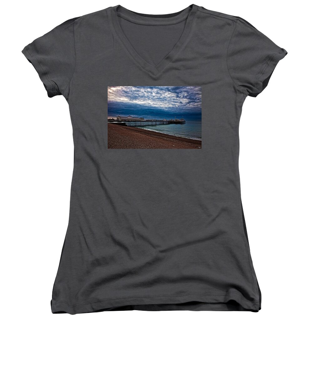 Brighton Pier Women's V-Neck featuring the photograph Seven AM on Brighton Seafront by Chris Lord
