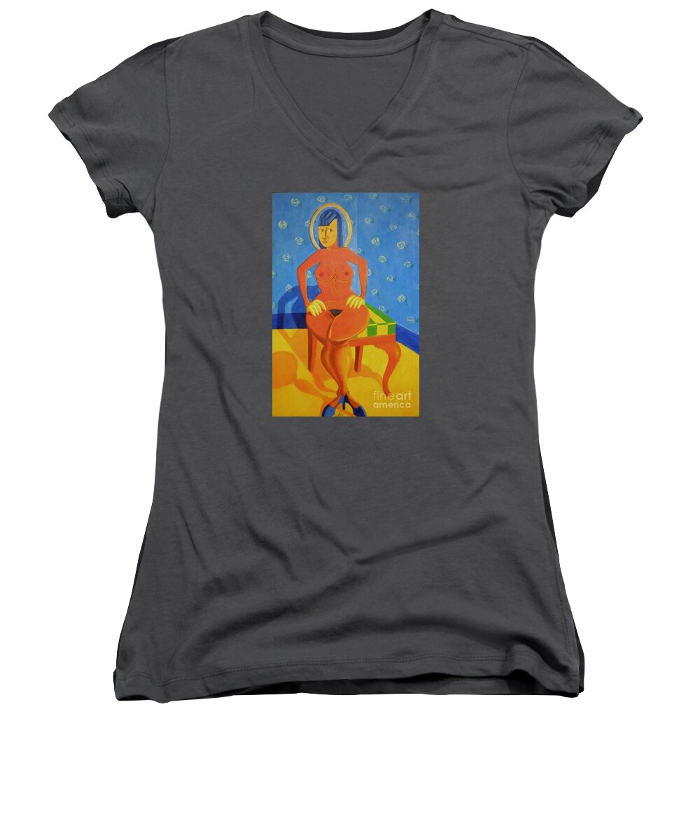 Optical Illusion; Alternative Reality; Anthropomorphic Perception; Double Imagery; Women's V-Neck featuring the painting Sex Appeal of a Dinette Set. by David G Wilson
