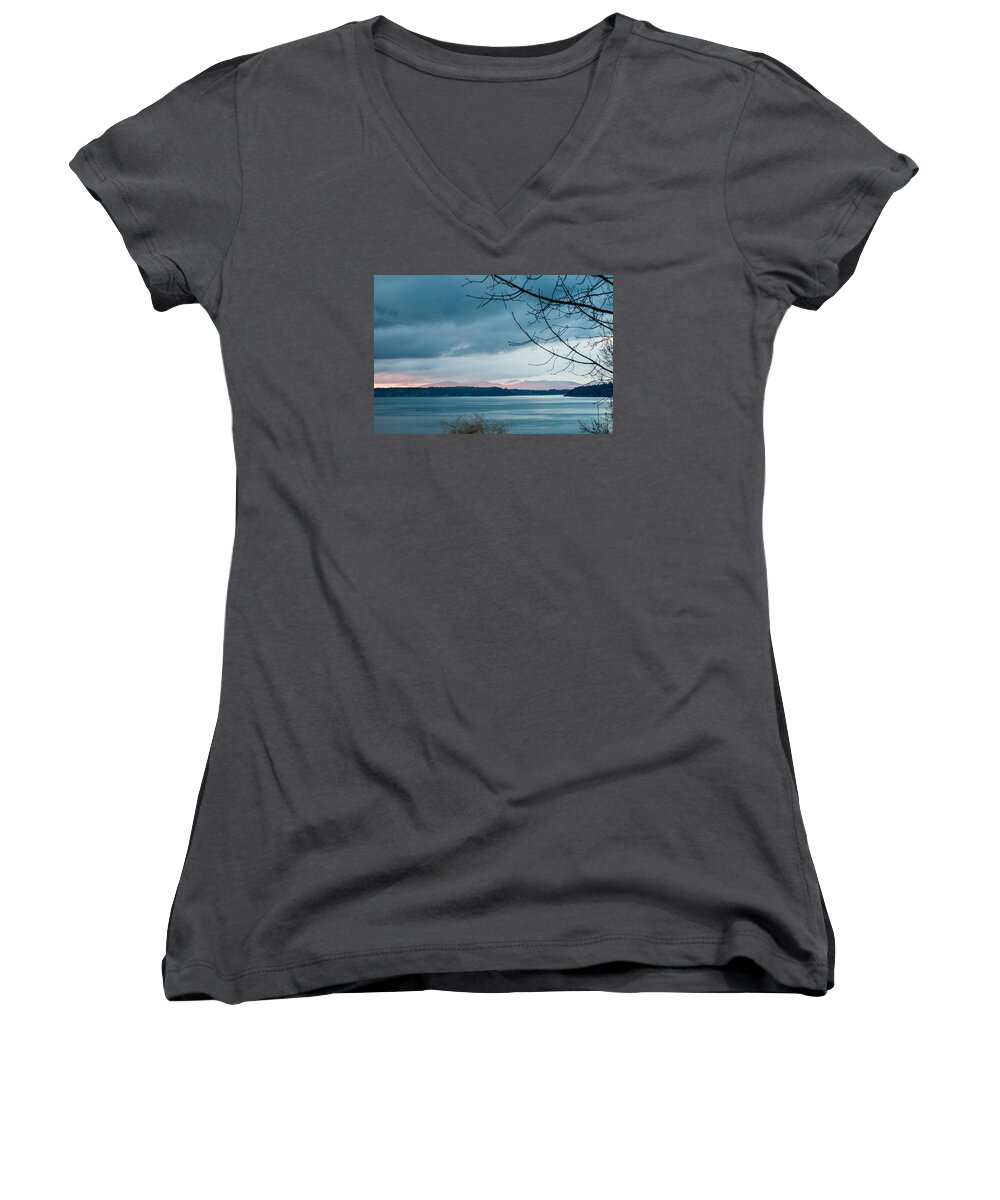 Clouds Women's V-Neck featuring the photograph Shades of Blue as Night Falls by E Faithe Lester