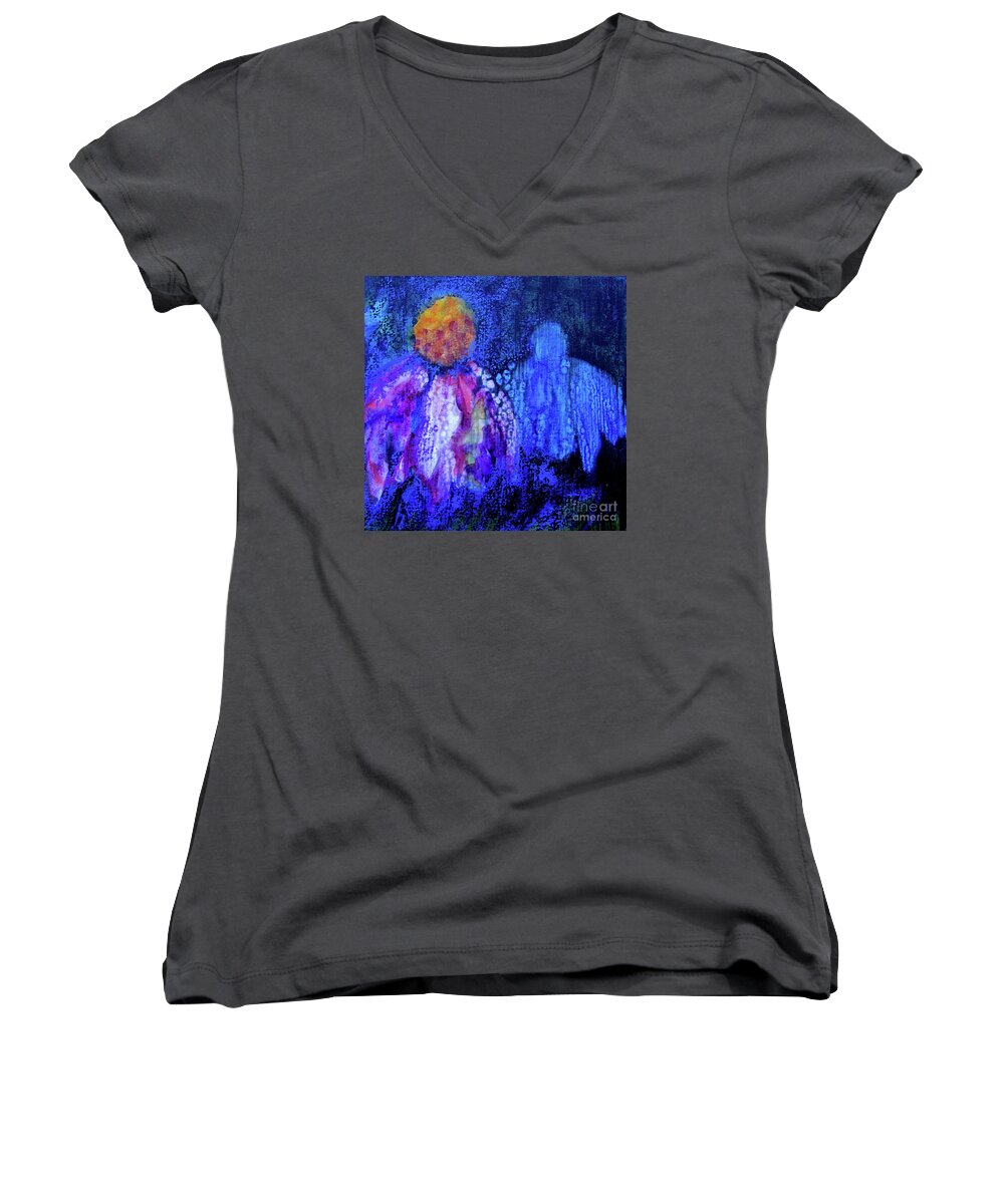 Painting Women's V-Neck featuring the painting Shadow Abstract Bloom by Kathy Braud