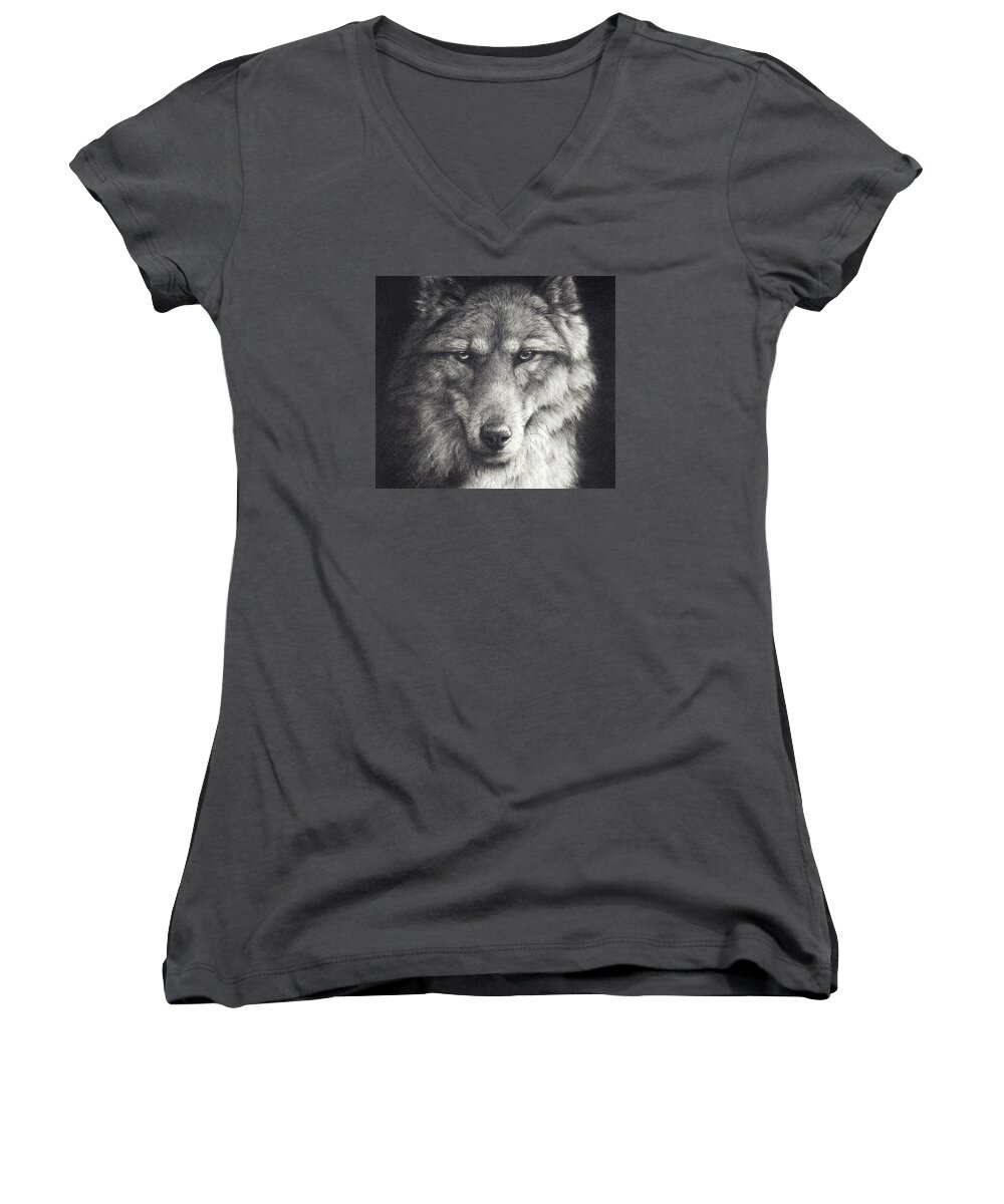 Wolf Women's V-Neck featuring the drawing Shadow Falling by Peter Williams